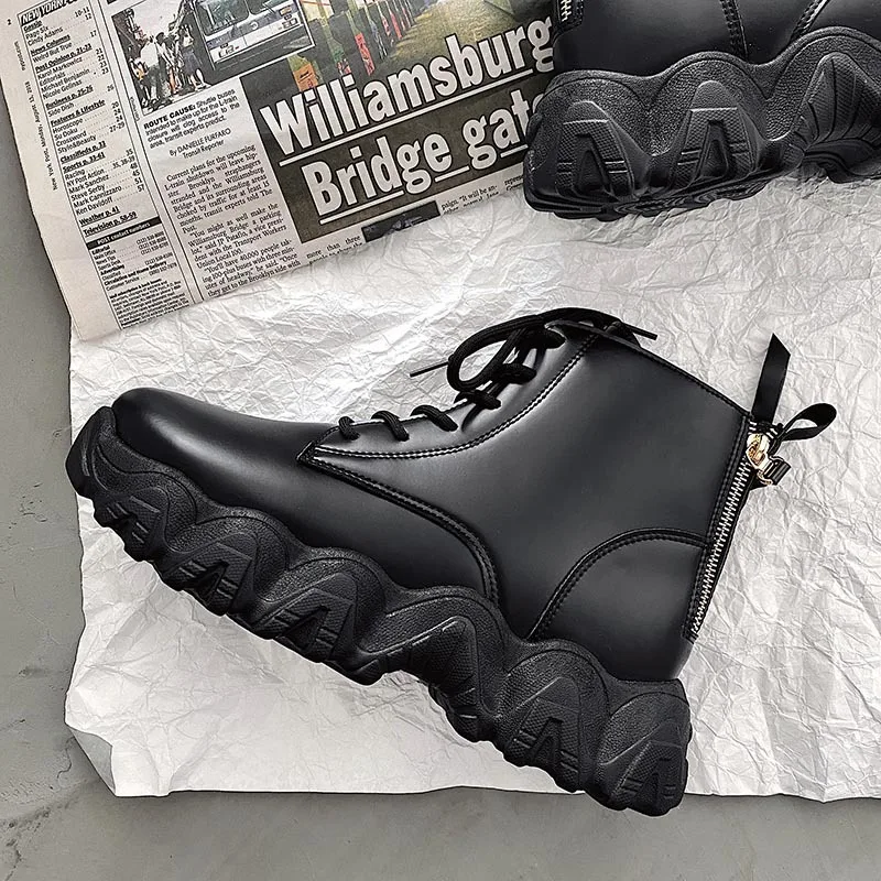 

Men's Autumn and Winter Black Leather Zipper Motorcycle Leather Boot Street Medium Boots Tooling Men's Hight Increasing Shoes