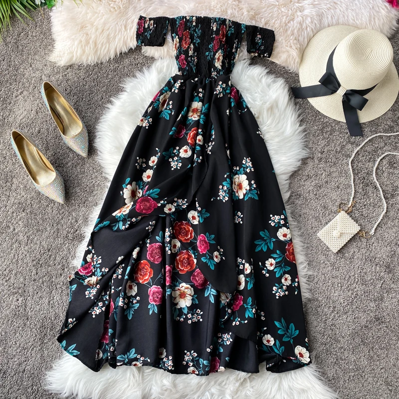 

YIZZHOY Summer New Women Slash Neck Strapless Vintage Floral Midi Dress Female Asymmetrical Slit Bohemian A-line Slim Dress