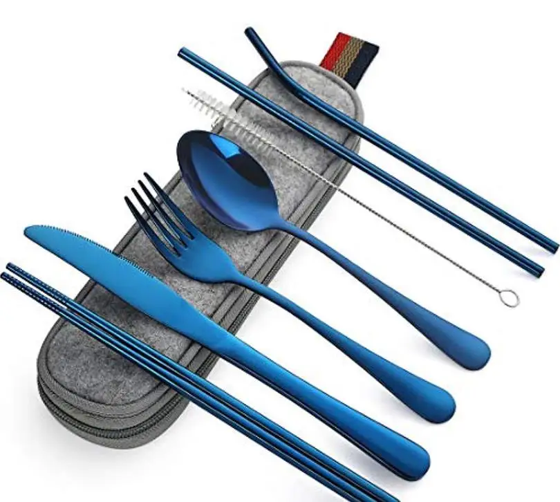Murah 20Set Peralatan Makan Dapat Digunakan Kembali Perjalanan Cutlery Set Camp Peralatan Set Dengan Stainless Steel Sendok Garpu Sumpit Jerami Portable Case SN