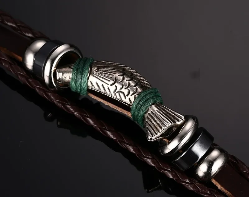 Новинка 2016 мужские кожаные браслеты и с рисунком рыбы длина 22 см Очаровательные