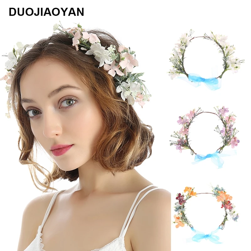 

DUOJIAOYAN Artificial flower crown Tiaras festival Women color fabric hair band Corolla Bridal flower Wreath for wedding