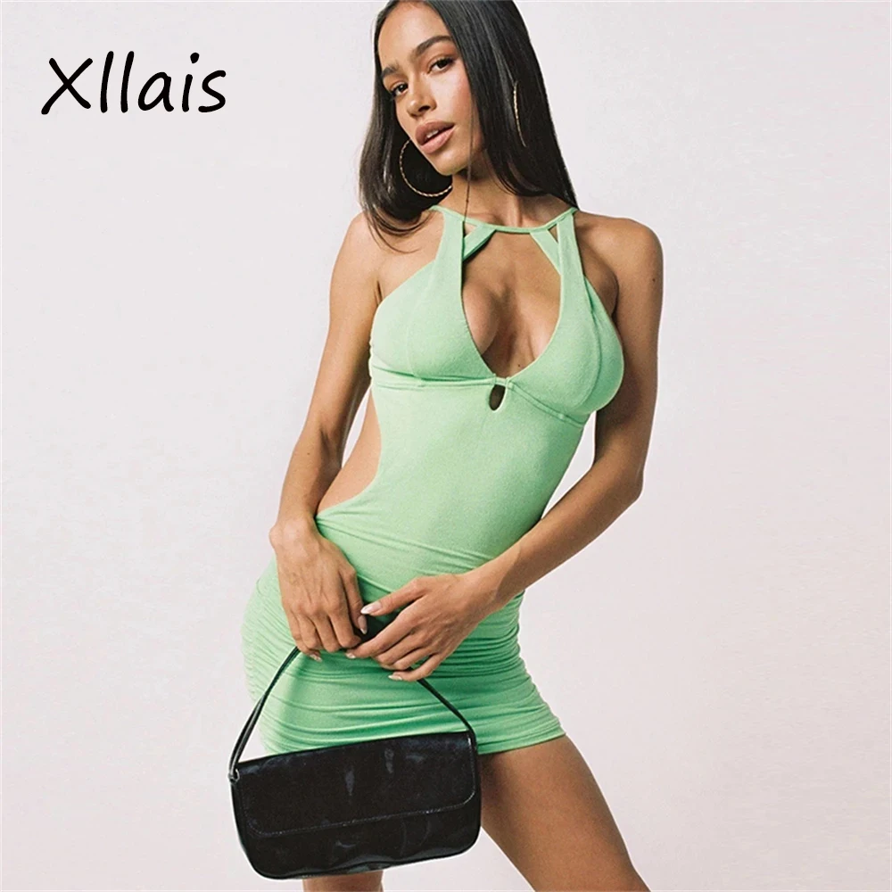 

Сексуальное зеленое платье XLLAIS с открытой спиной для женщин, элегантное ажурное Плиссированное модное вечернее платье для ночного клуба, в...