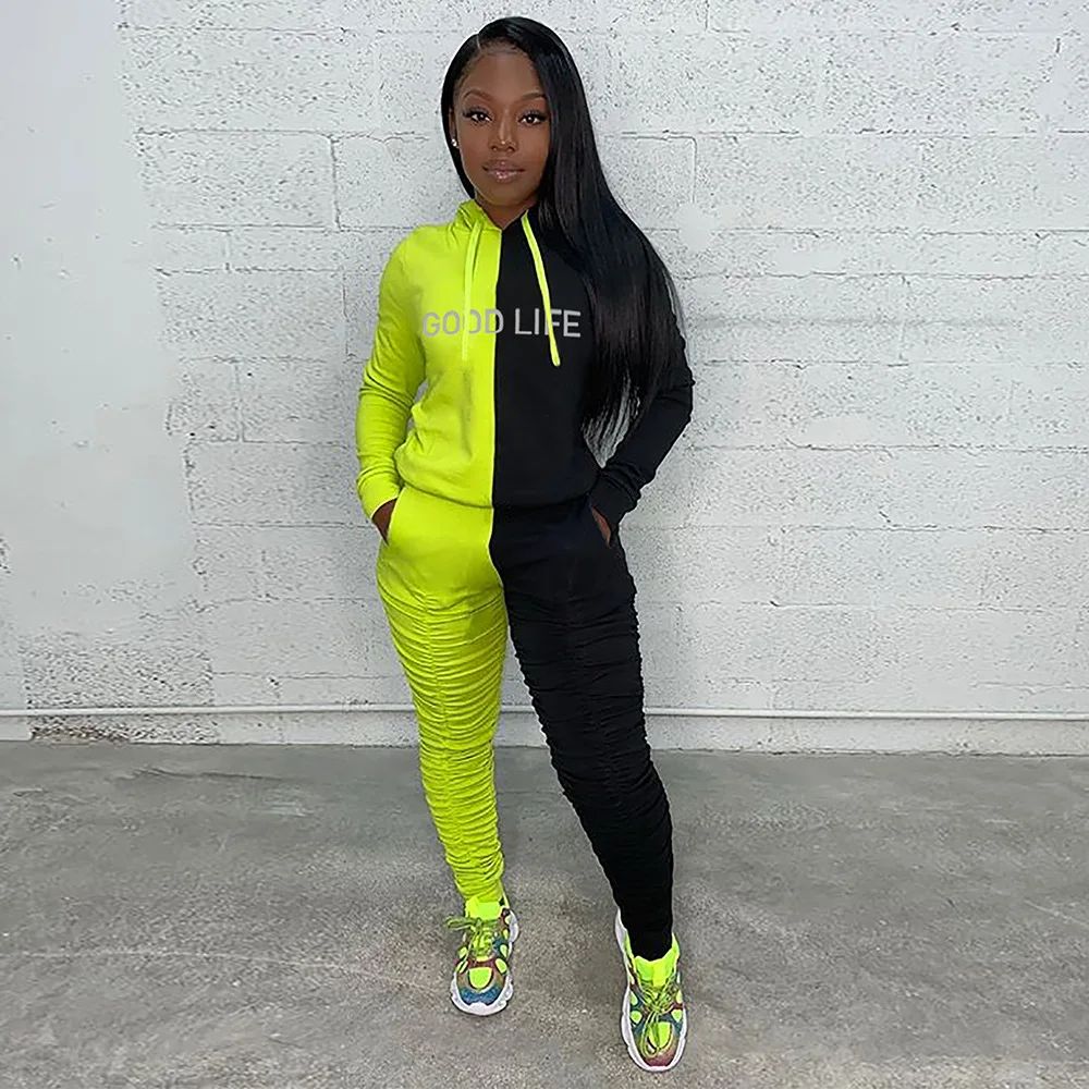 

2 Piece Outfits Sets Letter Patchwork Hoodies Tops Stacked Pants Sweater Joggers Matching Set Fashion Fall Clothes for Women