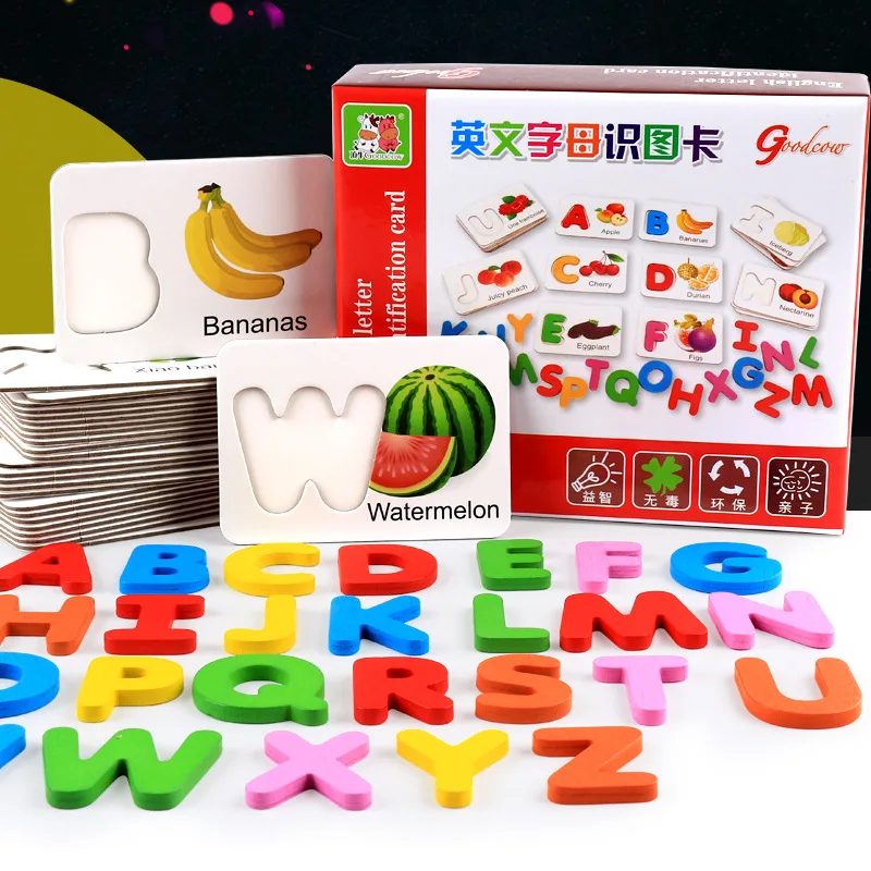 

Обучающие карточки для детей, деревянные, 26 дюймов, с английским алфавитом, для раннего развития, пазлы, игрушки, фрукты и овощи, буквы алфави...
