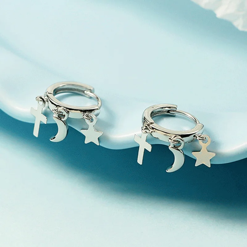 

925 Sterling Silver Tassel Star Cross Moon Stud Earring For Women Girls Party Wedding Fashion Punk Jewelry Pendientes eh096