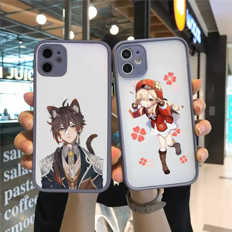 

Genshin impact Phone Case For iPhone 12 11 Mini Pro XR XS Max 7 8 Plus X Matte transparent Gray Back Cover