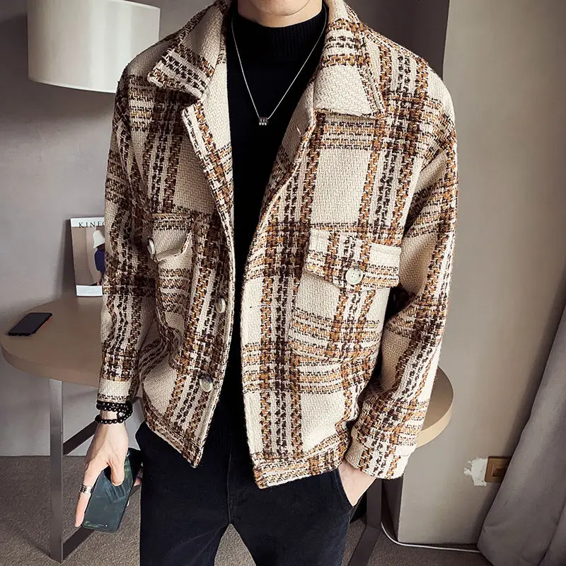 

2020 Autumn Winter New Korean Style Short Woolen Coat Plaid Loose Woolen Jacket Erkek Mont Hommes Veste Mens Wool Trench Coat