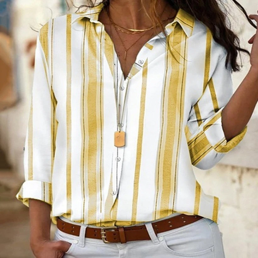 2021 на каждый день в винтажном стиле В полоску пуговицах Блузка для женщин с