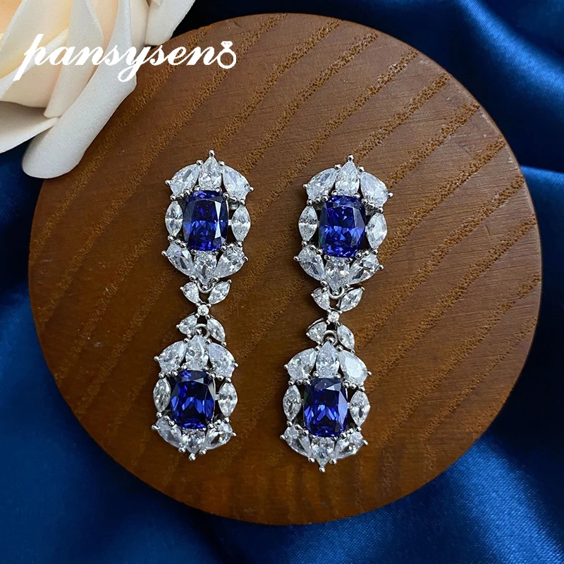 PANSYSEN 100% Solid 925 Sterling Silver Sapphire Created Moissanite Gemstone Women's Drop Earrings Anniversary Fine Jewelry Gift