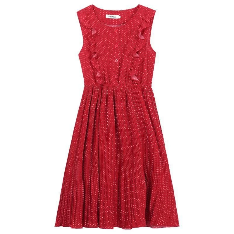 

Mori Girl Summer Women Sundress Red White Polka Dot Sleeveless Ruffles Dress Vintage Elegant Chiffon Sweet Lady Pleated Dresses