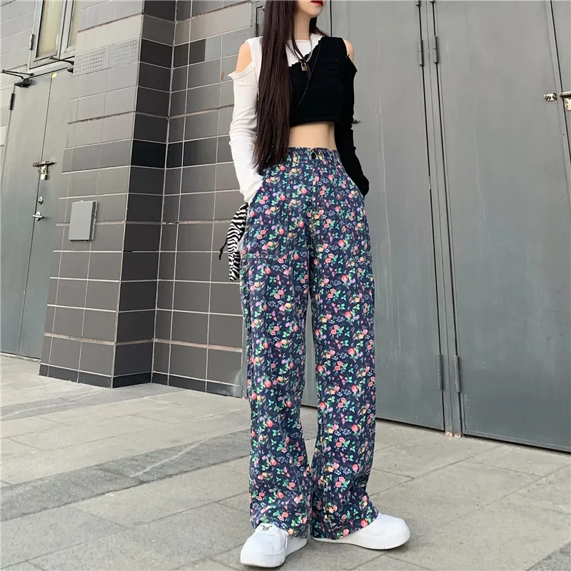 

Spring and summer new Harajuku retro floral print loose personality high waist casual trousers women