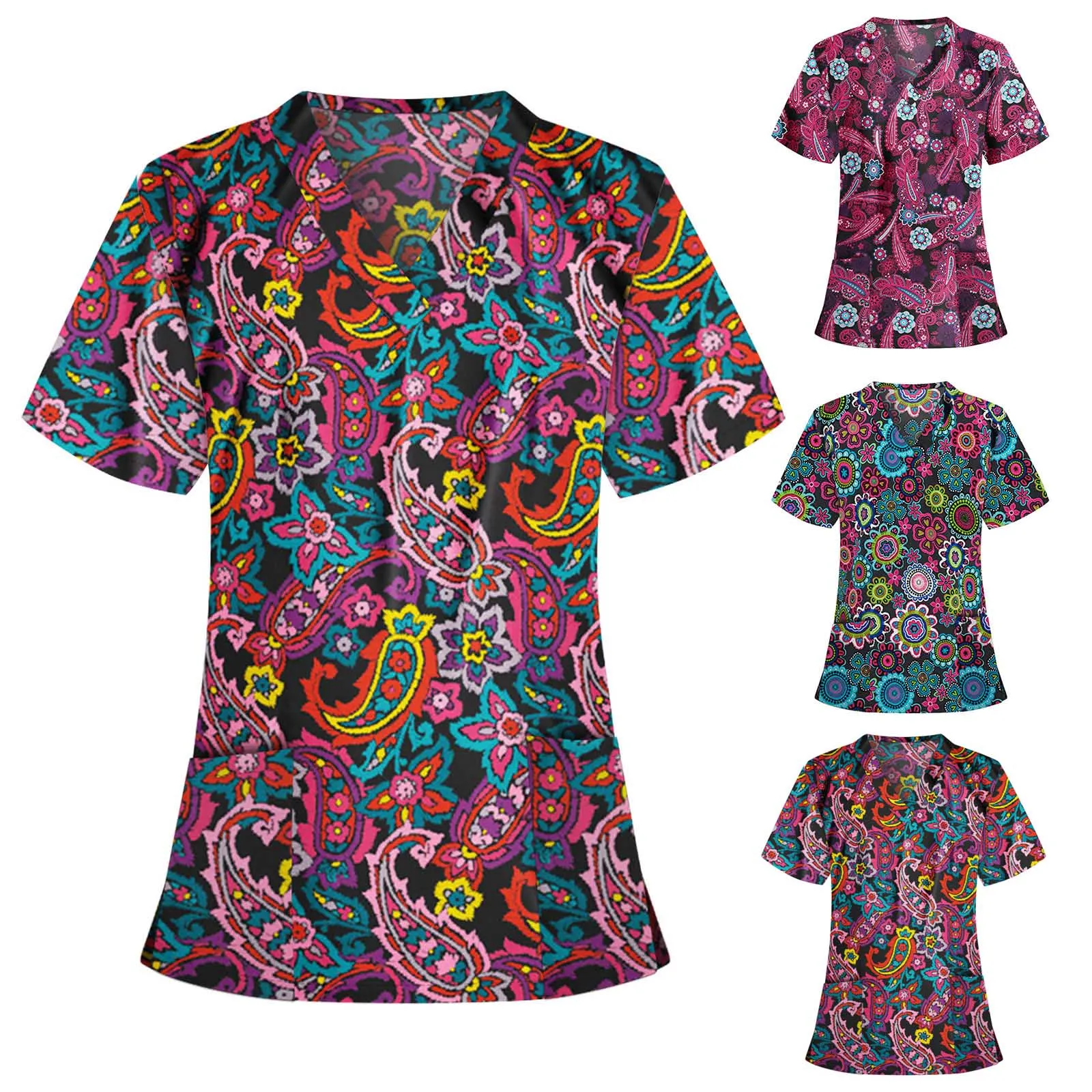 

Working Nurse Uniform Tops Colorful Printing Short Sleeve V Neck Nursing Blouse for Women 2021 New Clothes Mukoti Yunifomu