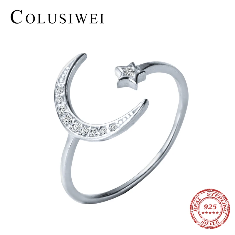 

COLUSIWEI 925 Sterling Silver Dazzling Clear CZ Star Moon Ring for women Fashion Open Abjustable Rings Enagement Fine Jewelry