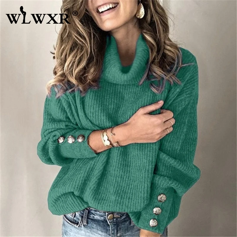 Женский вязаный свитер WLWXR повседневный зеленый в рубчик с высоким воротником