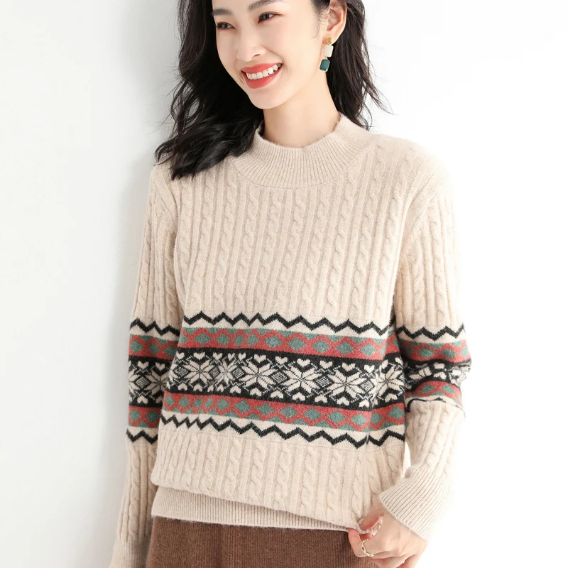 

Autumn Winter New Women's Ethnic Style Sweater Round Neck Iong Sleeves Thickened Warmth Retro Beautiful Pullover Loose Printing