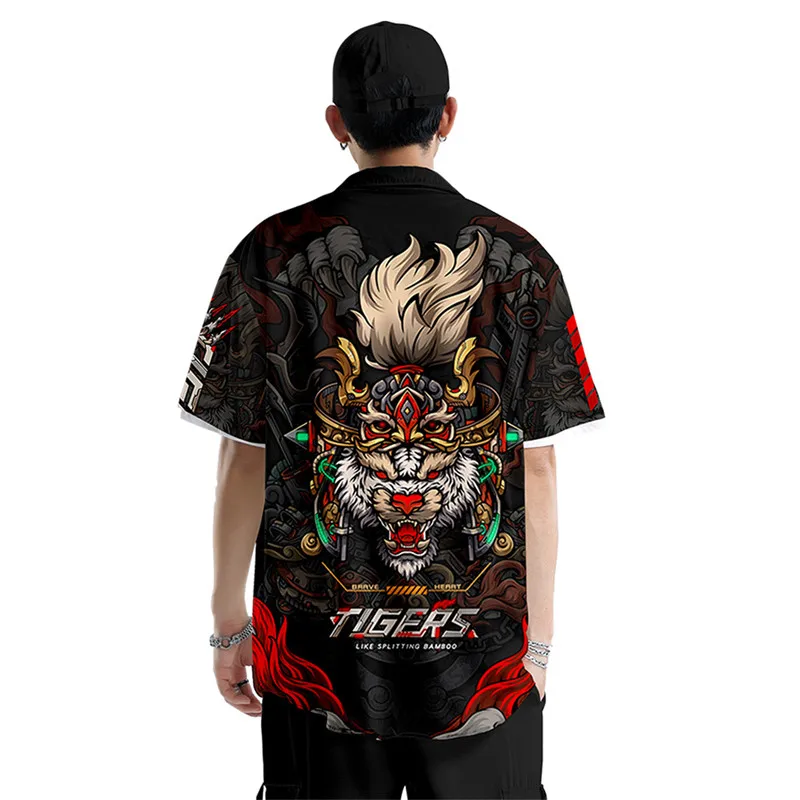

Новое поступление, Мужская Гавайская уличная одежда с принтом тигра и коротким рукавом, мужские блузки, топы, японские пляжные рубашки овер...