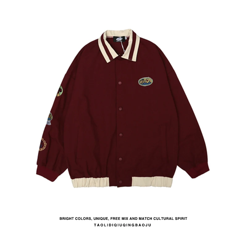 Spring, Autumn and Winter Baseball Uniform Women's New Embroidered Coat Harajuku Style Loose Wine Red Jacket National Fashion