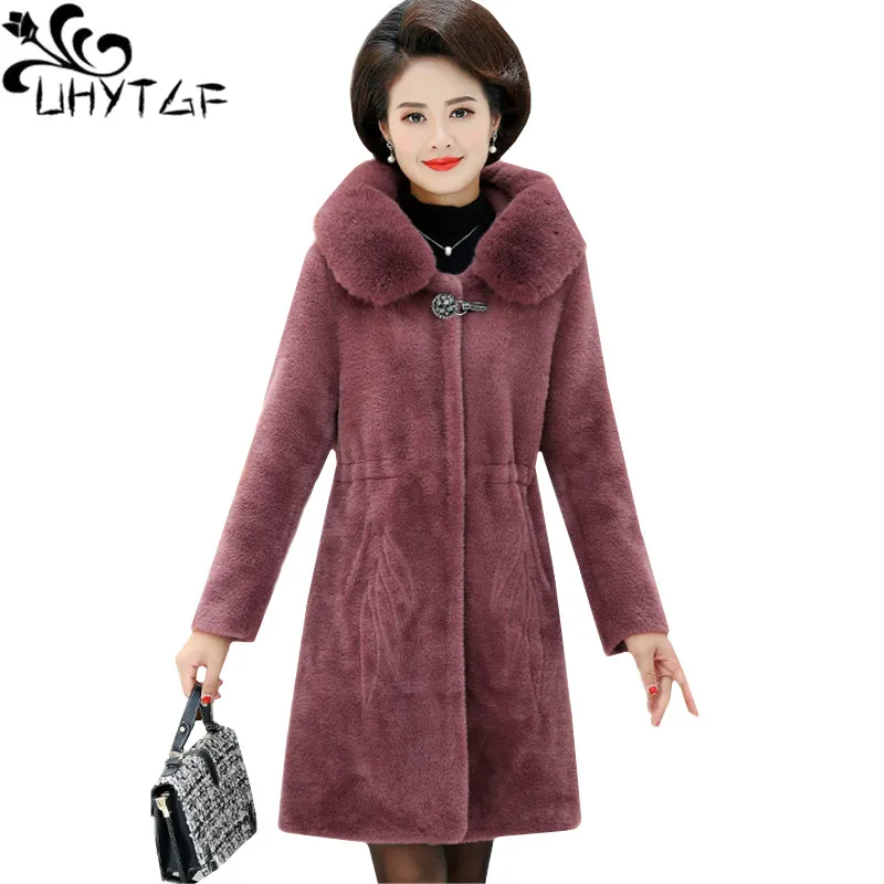 

UHYTGF 5XL Plus size jacket women's Quality mink cashmere winter coat female fur collar hooded Slim Casual warm wool coats 686