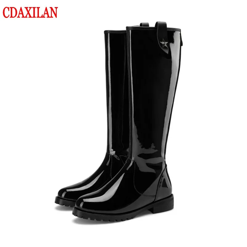 

CDAXILAN new to women's knee-high boots genuine cow patent leather low-heel Round toe back-zipper Riding-equestrian boots winter