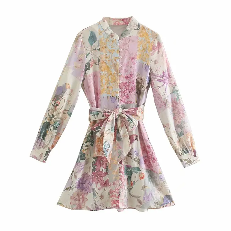 

ZA Spring Summer Women Dress Floral Printed Dress Office Lady O-neck Long Sleeve Dress With Blet Elegant Girls Causal Outfits