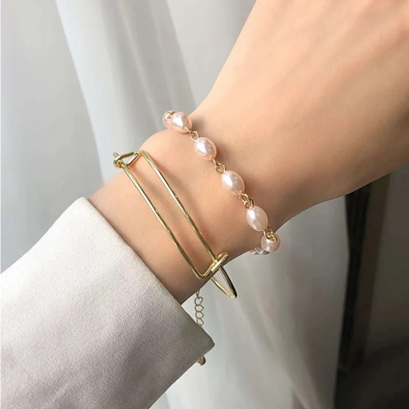 

2Pcs Trendy Imitation Pearl Bangles Bracelets Set For Women Girls Fashion Multilayer Metal Bracelet Gifts Jewelry