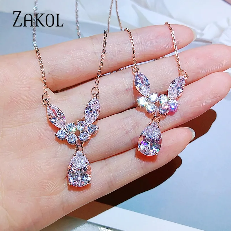 Бренд ZAKOL, уникальный дизайн, капля воды, циркония, кристалл, подвески, ожерелья для элегантных женщин, модные свадебные украшения, FSNP2110