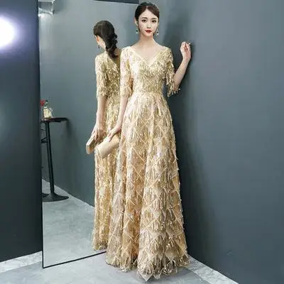 Chempagne элегантный v-вырез, Винтажные наряды пол Длина пикантные Вечеринка Cheongsam шелковый атлас с длинными рукавами Vestido Размеры S-3XL - Цвет: Style 2