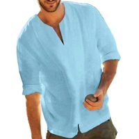 shirts for men men casual long sleeve v neck slitting hem t shirt cotton linen loose blouse top
