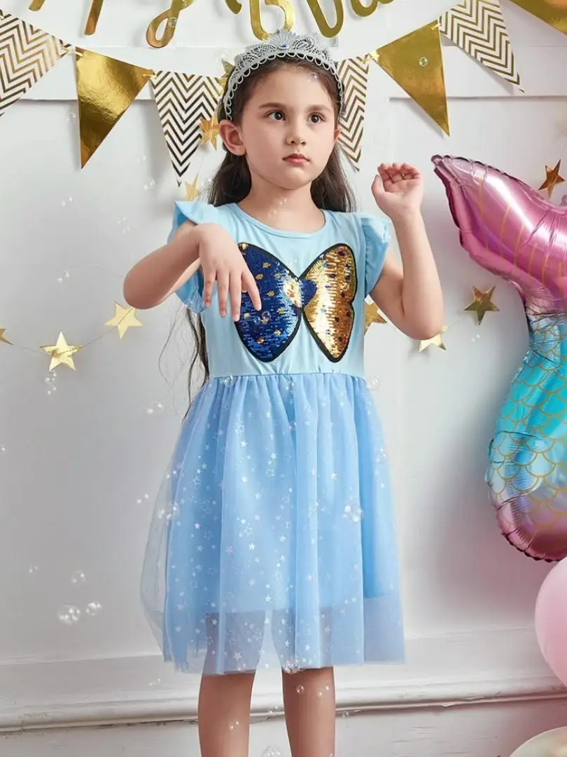 

Girls Princess Dress Cute O-Neck Flying Sleeve Butterfly Sequins Party Dresses 2022 New Summer Stars Mesh A-Line Frock