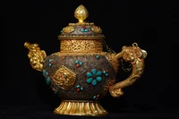 14tibetan temple collection old tibetan silver gilt mosaic gem dragon handle beast mouth teapot kettle hidden pot ornaments