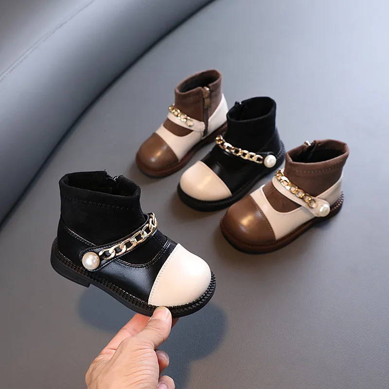 

Infant Baby Shoes Ankle Knit Patent Leather Boots Toddler Baby Pearl Chain First Walkers Little Girls Princess Short Boots