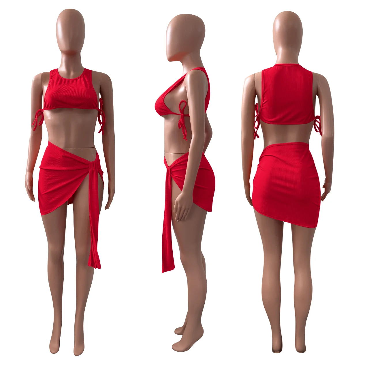 

Bandage Drawstring Two Pieces Dress Set For Women Crop Top And Solid Slim Sexy Club Partywear Outfit