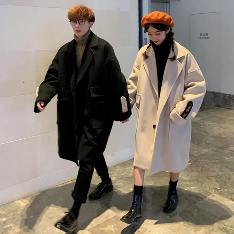 

Men's coat 2019 autumn and winter new solid color embroidery printing long windbreaker youth personality trend men's clothing