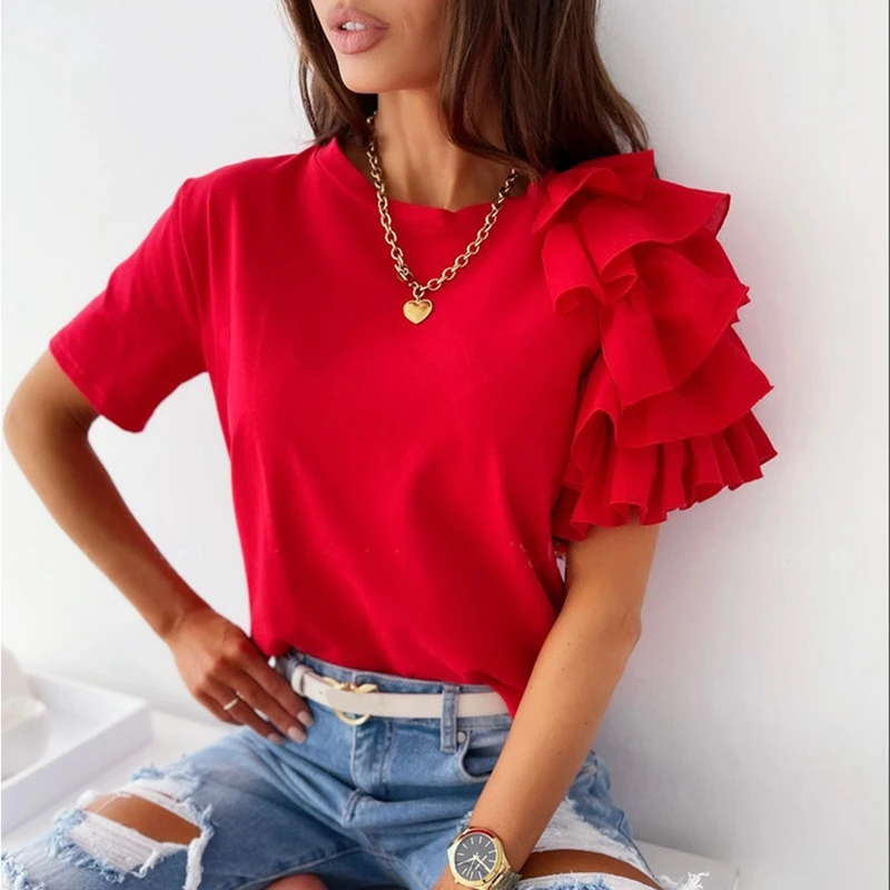 

2021 Summer Short Sleeve Women Shirt Pullover Lady Casual O Neck Solid Blouse Shirt Fashion Layered Ruffle Tops Blusa Streetwear