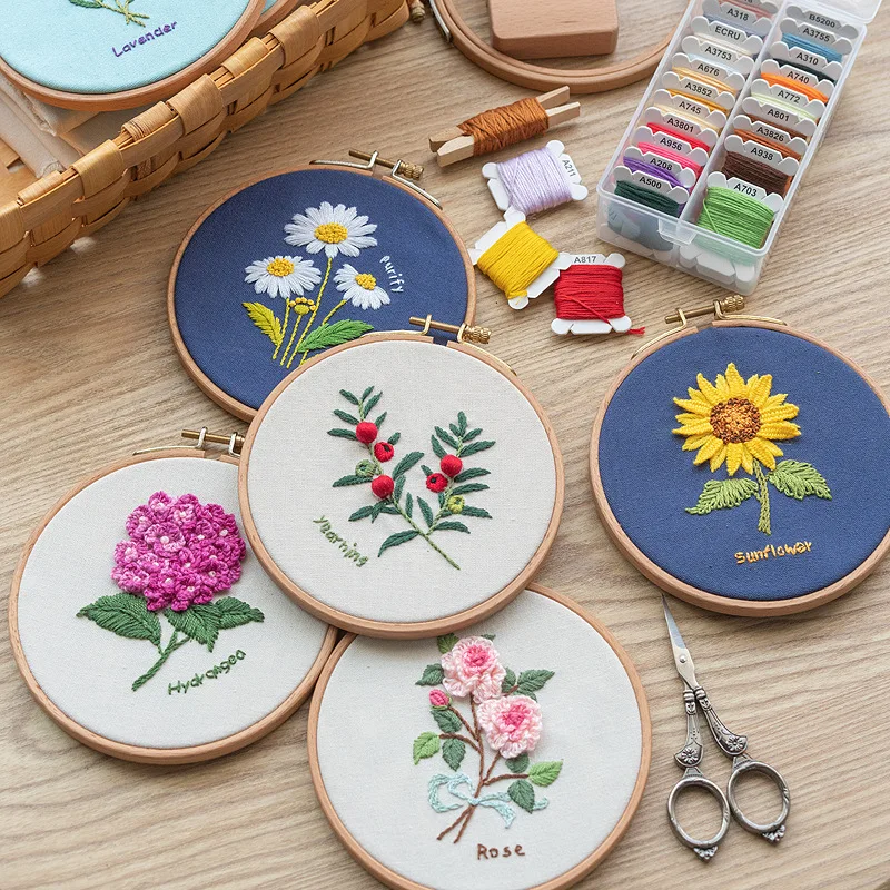 Beginner DIY Stamped Embroidery Starter Kit Colorful Flowers Plants Pattern Cloth Threads Tools Decor Artwork | Дом и сад