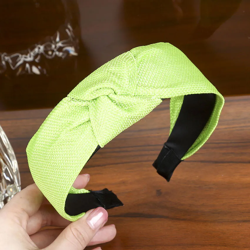 Fluorescent Green LEVAO Новая женская лента для волос, соломенная плетеная повязка на голову, богемные широкие крестообразные резинки для волос с узлом, ободок, ободок ручной работы, аксессуары для волос - Цвет: Fluorescent Green