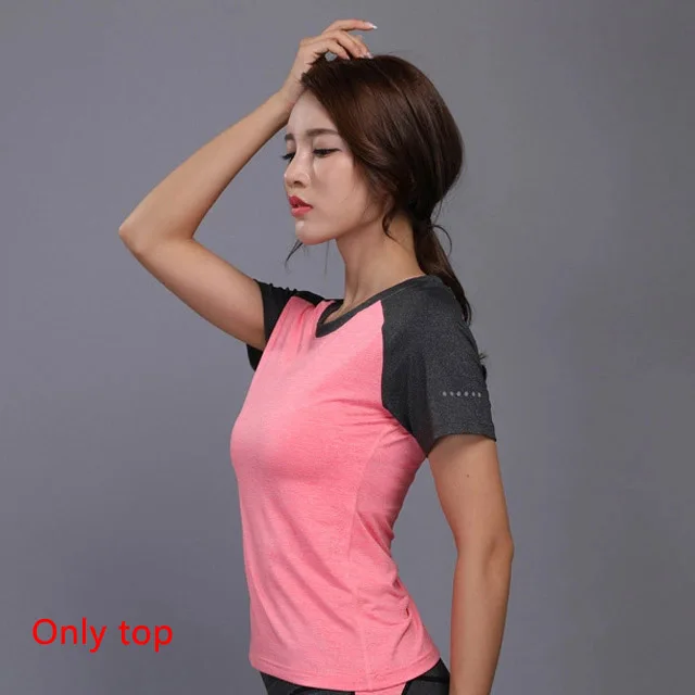 Pink T-Shirt Комплект для йоги OLOEY из 2 предметов, одежда для спортзала, фитнеса, теннисная рубашка+ штаны для бега, облегающие Леггинсы для йоги и тренировок, спортивная одежда для женщин - Цвет: Pink T-Shirt