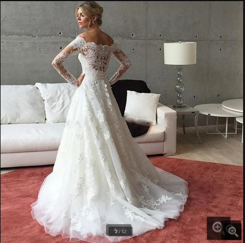 

2020 new arrival white tulle a line wedding dress lace appliques off the shoulder sexy bride dress long sleeve cheap dress
