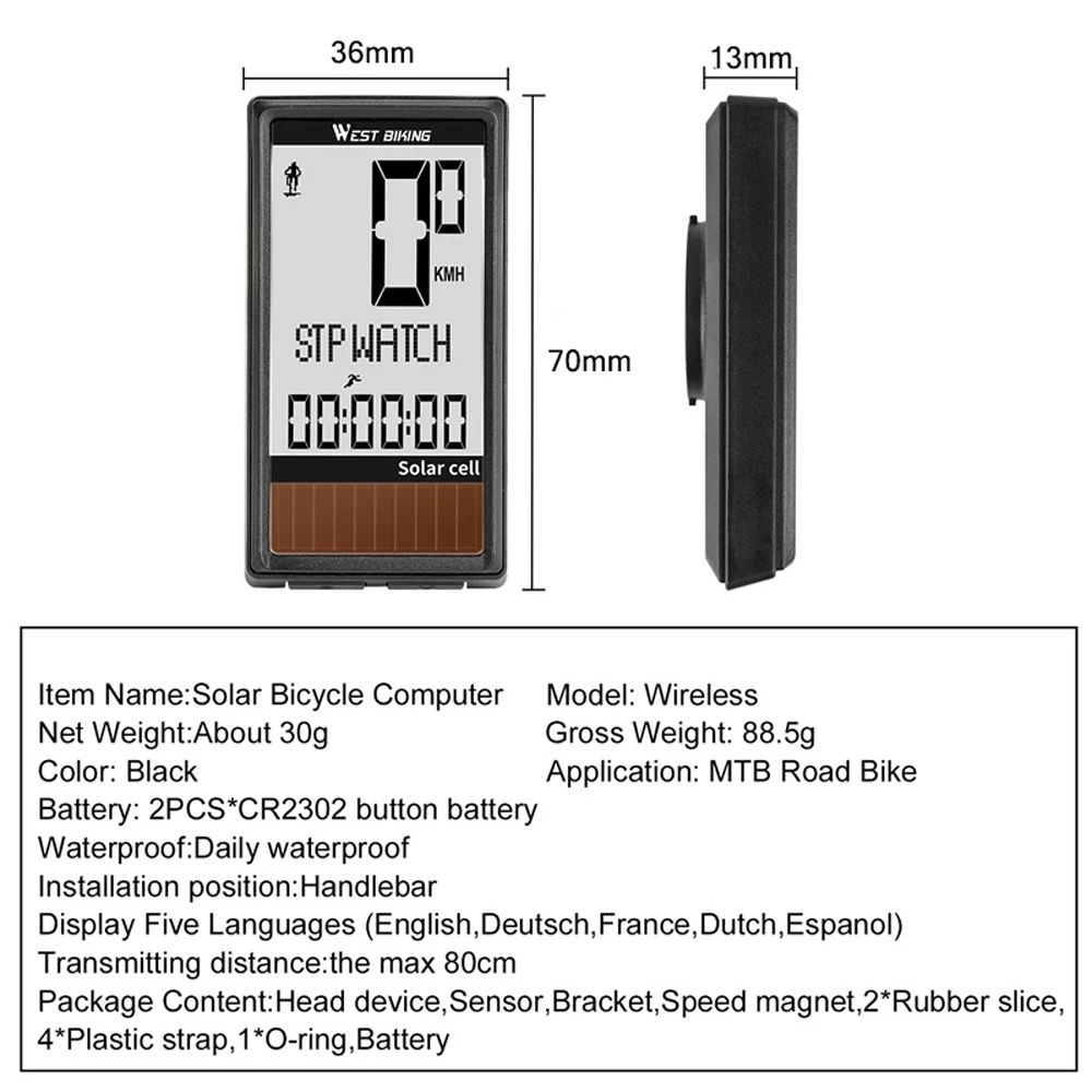 Беспроводной Велосипедный компьютер на солнечных батареях 5 языков Авто