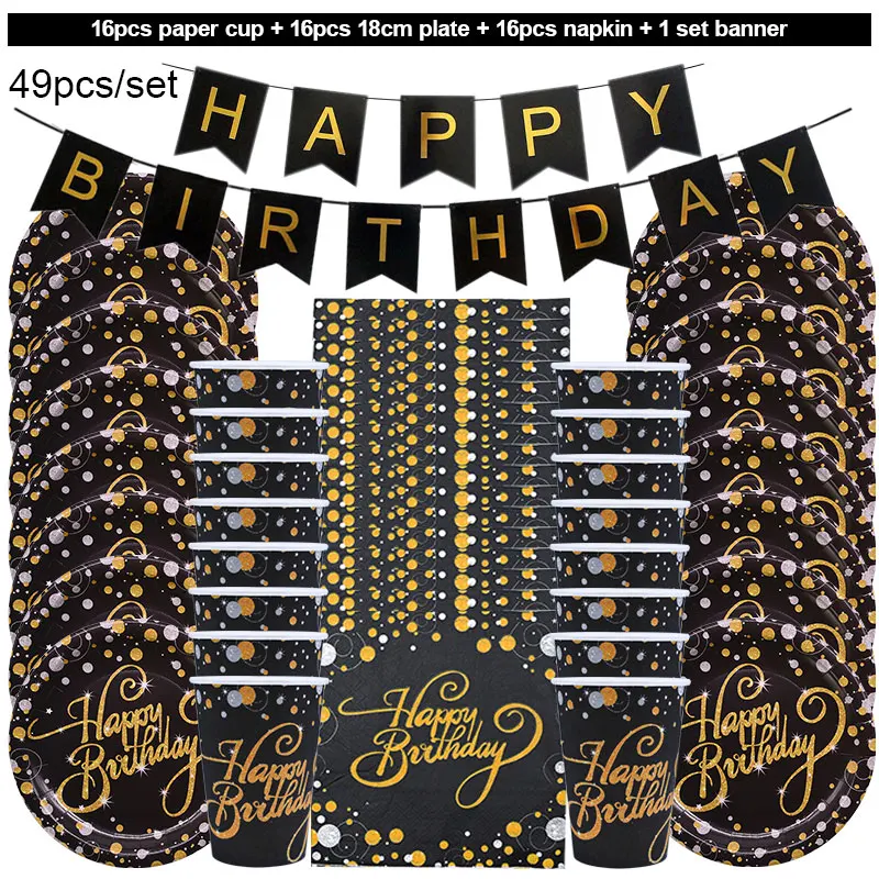 

49pcs/set Gold Black Birthday Party Tableware Set Happy Birthday Disposable Party Tableware Plates Cups Napkin Home Decoration