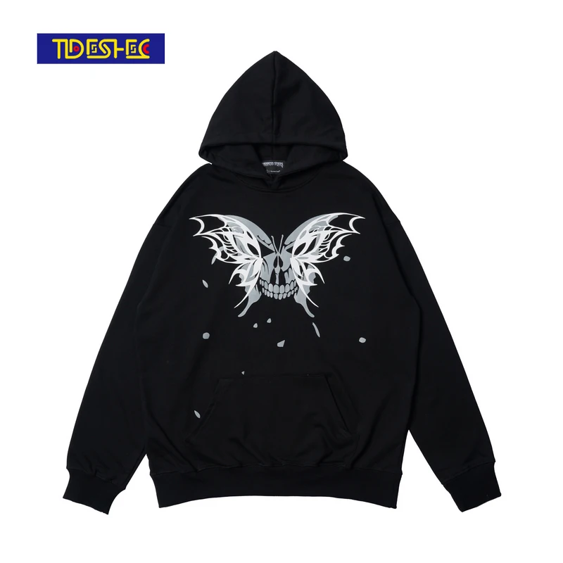 

Толстовка Tideshec мужская с капюшоном, уличная одежда в стиле хип-хоп, пуловер с принтом черепа, бабочки, хлопковая толстовка в стиле Харадзюку,...