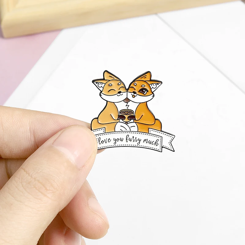 

Cartoon fox coffee book couple newspaper brooch Cute animal Enamel needle bag clothes lapel needle jewelry Gifts for friends