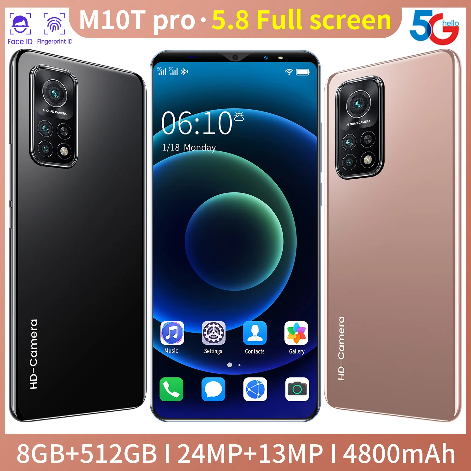 M10T Pro 5.8inch Full screen Smartphone Camera 13+24MP 4G LTE 4800mAh mobile Phone Android 10.0 Dual SIM Card Face Unlock Phone