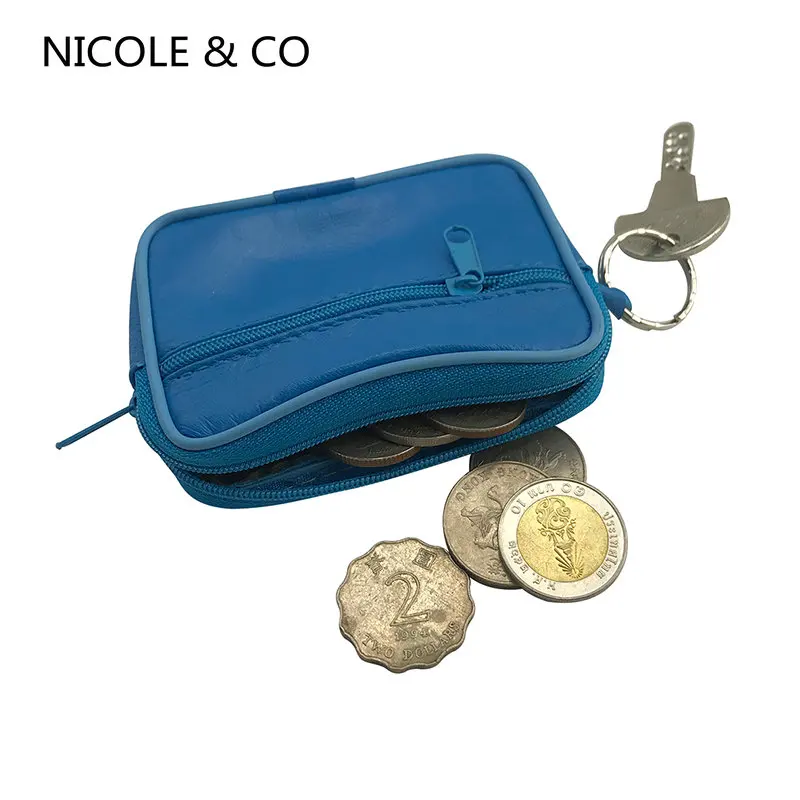 

NICOLE & CO Men Sheepskin Zipper Small Wallets 2021 New Women Mini Coin Purse Genuine Leather Card&ID Holder Key Chain Money Bag