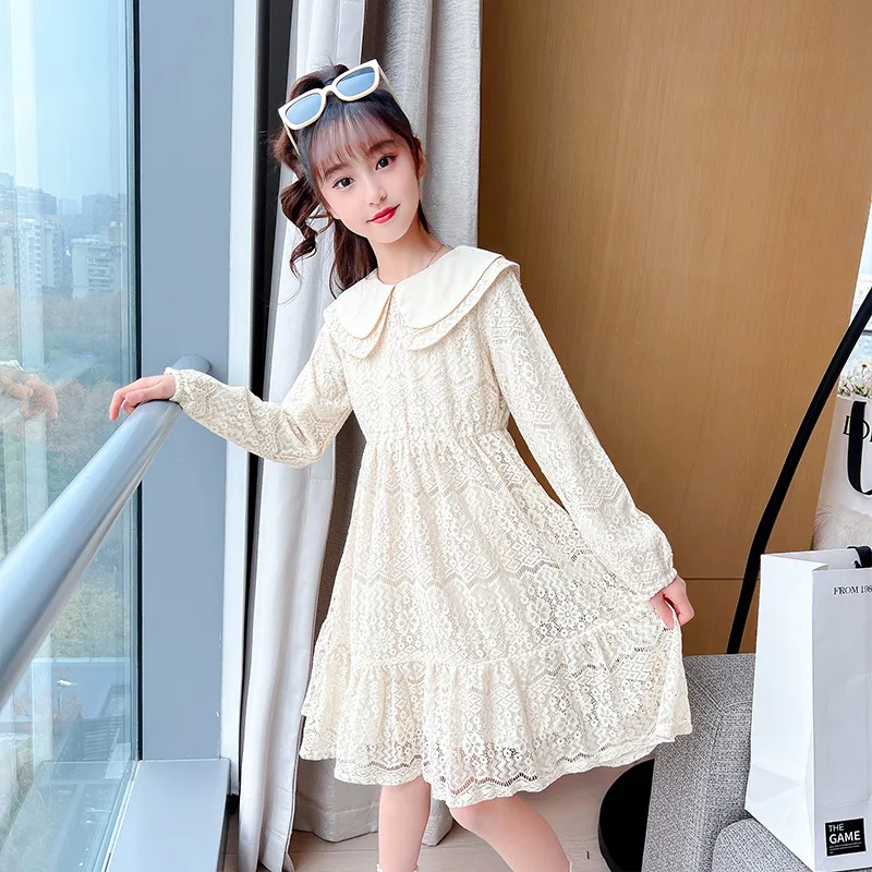 

New Spring Kids Lace Dress For Teen Girls Casual Style Double Peter Pan Collar Costume Children Princess Elegant Clothes 5-14Yrs