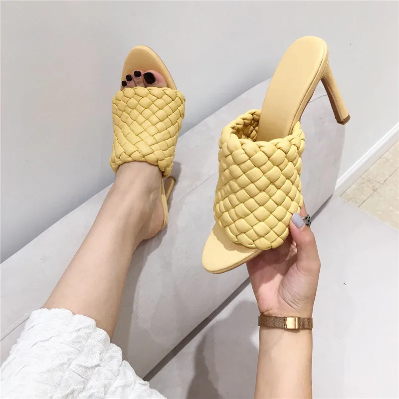 Yellow Sandals Casual Weave Hight Heels Women Blue Slippers Brand Sandles Summer Office Shoes Vrouw | Обувь