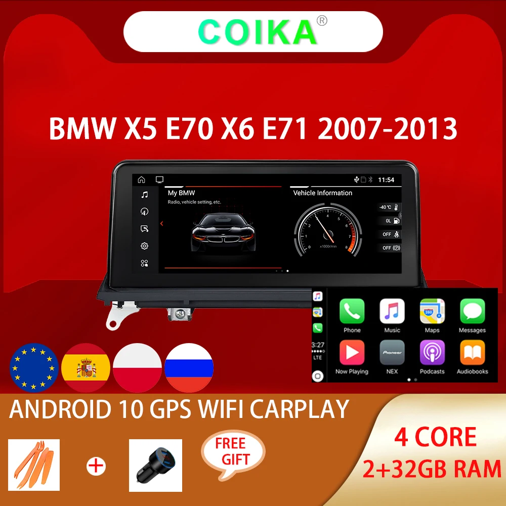 

COIKA IPS Touch Screen Carplay Car GPS Navi Radio For BMW X5 E70 X6 E71 2007-2013 BT WIFI Google 2+32G RAM Android 10.0 System