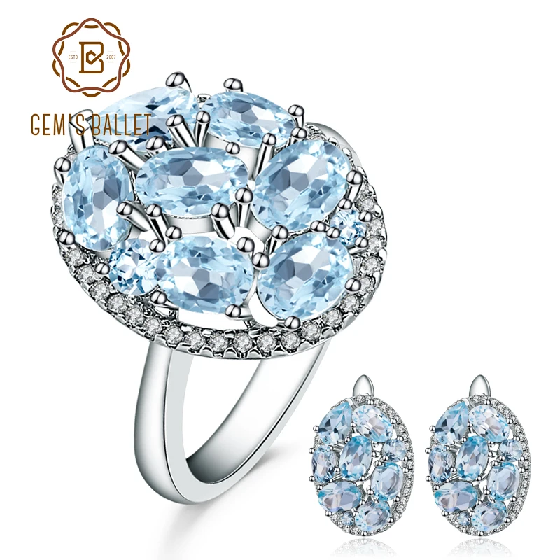 

GEM'S BALLET 11.40ct Oval Natural Sky Blue Topaz Classic Gemstone Jewelry Sets 925 Sterling Silver Earrings Ring Set For Women