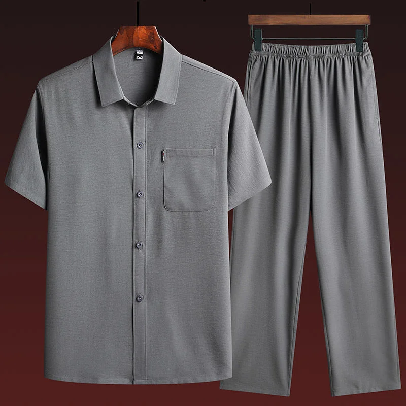 

Men's Shirt Sets Tang Suit Short Sleeve Middle Aged Father's Summer Light Casual Men Clothes Jacket Streetwear Military College