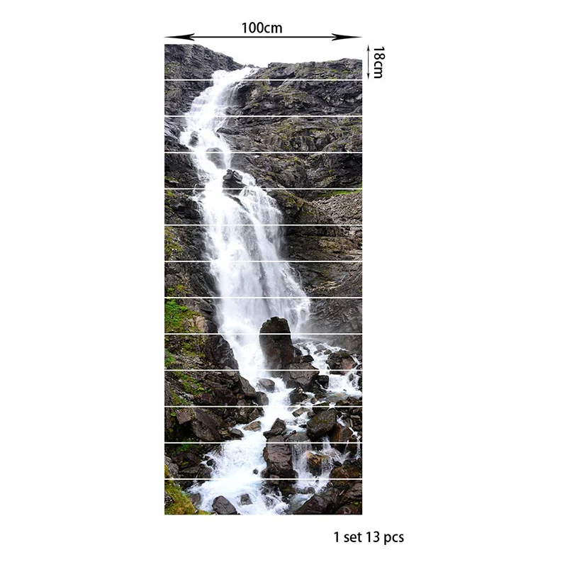 

PVC wallpaper Mountain stones waterfal landscape simple 13 pieces of DIY stair stickers, step stickers, wall stickers